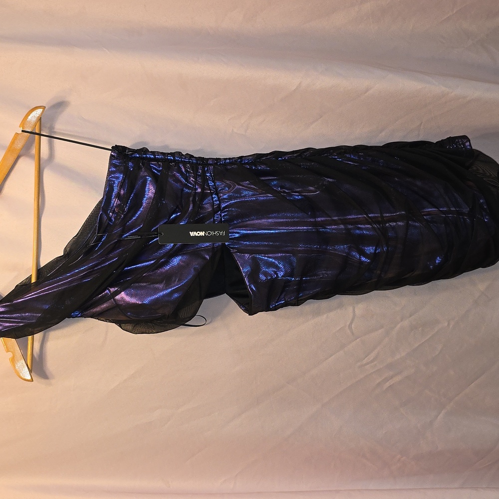 Fashion Nova Black Mesh and Purple Metallic Mini Dress One Shoulder (Janette #5)